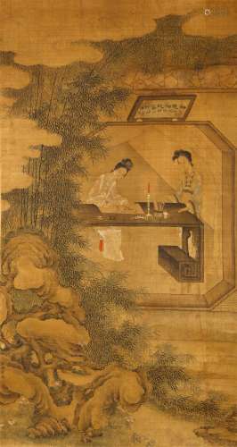 XU YI   (1599 – 1669) Lady Painting at a Desk Chinese ink and colour on silk, hanging scroll painting signed Xu Yi, with one seal of the artist 72 x 39cm. 許儀（傳）   湘妃寫竹石圖 設色絹本   立軸 款識：如見湘妃寫竹石□今斑竹臨江話 歇公題  無錫許儀 鈐印：「許儀」