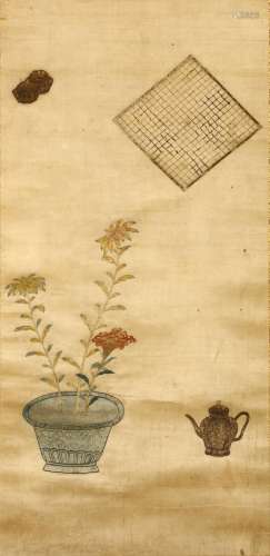 ANONYMOUS Go Board and Counters, Jardinière and Teapot Chinese embroidered silk, hanging scroll 38 x 78cm. 佚名   盆花與茶壺 刺繡   立軸