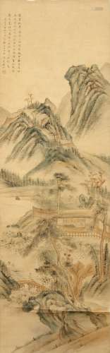 QIAN DU    (attributed to, 1764 – 1844) Landscape Chinese ink and colour on paper, hanging scroll painting signed Qian Du, with one seal of the artist 106 x 33cm. Provenance: London private collection. 錢杜（傳）   山水 設色紙本