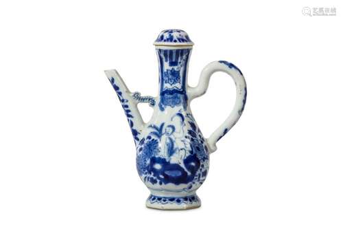 A CHINESE BLUE AND WHITE ‘BOY’ EWER AND COVER. Kangxi. The pear-shaped body of hexagonal section, supported on a spreading foot, rising to a high waisted neck supporting a domed cover, the body painted with a naked boy on decorative rockwork and