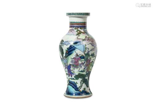 A CHINESE LATER-ENAMELLED BLUE AND WHITE VASE. Kangxi. The ovoid body rising from a splayed foot to a waisted neck with a galleried rim, painted to the exterior with figures in a landscape, 44cm H. 清康熙   青花后加彩人物山水紋盤口瓶