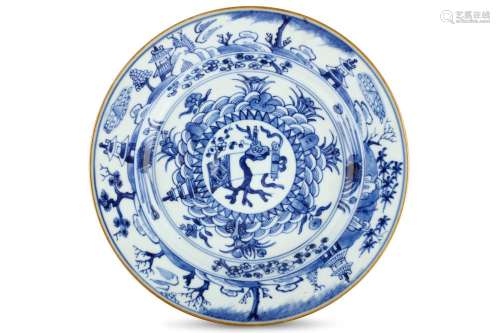 A SET OF FIVE CHINESE BLUE AND WHITE DISHES. Kangxi. The central raised boss painted with a scholar’s desk within various borders of waves, flowering plum trees and pagoda-filled landscapes, 23cm diameter. (5) 清康熙   青花山水博古紋碟五只