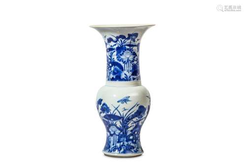 A CHINESE BLUE AND WHITE 'LOTUS POND' YENYEN VASE. Kangxi. The waisted lower body rising to a rounded shoulder surmounted by a trumpet neck, the body painted in bright cobalt tones with a lotus pond with flowers and leaves and egret birds flying