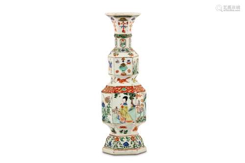 A CHINESE FAMILLE VERTE OCTAGONAL DOUBLE GOURD VASE. Kangxi. The lower and upper section variously decorated with flowers, ladies, animals, antiques and boys, and separated by a band of galloping horses, further decorative bands to the various