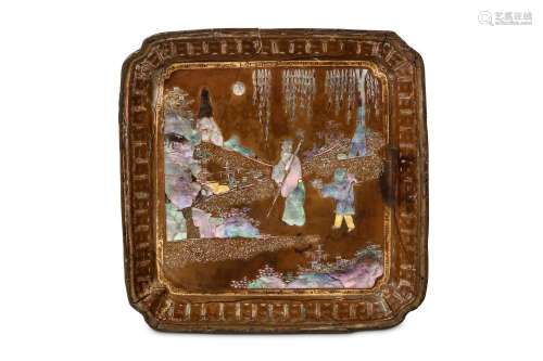A PAIR OF CHINESE MOTHER-OF-PEARL INLAID BLACK LACQUER TRAYS. Kangxi. Of square form with cut corners, inlaid in gold and mother-of-pearl to depict scholars with attendants in a rocky garden, each inlaid to the base in mother-of-pearl with a poetic