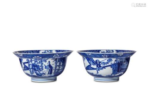 A PAIR OF CHINESE BLUE AND WHITE KLAPMUTS BOWLS. Kangxi. The rounded sides rising from a short straight foot to a wide everted rim, the central interior painted with three boys at play, with four shaped cartouches each enclosing peaches against a