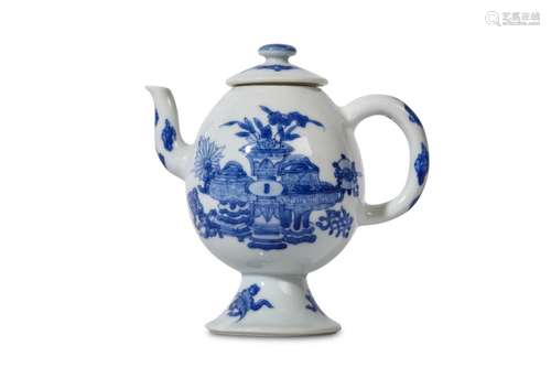 A CHINESE  BLUE AND WHITE TEAPOT. Kangxi. The globular body supported on a high spreading foot, painted with an assemblage of antique bronzes, matched cover, four character Chenghua mark to base, matched cover, 13cm H. (2) 清康熙   青花博古紋茶蓋壺