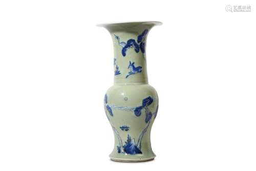 A CHINESE CELADON-GROUND BLUE AND COPPER RED ‘CRANE AND DEER’ YENYEN VASE. Kangxi. The waisted lower body rising to a rounded shoulder surmounted by trumpet neck, both the lower and upper section decorated with deer and cranes among pine trees,