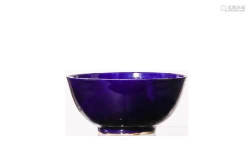 A CHINESE AUBERGINE-GLAZED DEEP BOWL. Kangxi mark and of the period. With steeply rounded deep sides rising from a short foot, all under a deep purple-blue glaze, six character Kangxi mark to base, 6cm H, 13cm diameter. (2) Provenance: London private