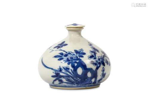 A CHINESE BLUE AND WHITE GLOBULAR PEAR-SHAPED ‘PLUM BLOSSOM’ VASE AND COVER. Kangxi. The globular pearl shaped boy rising to a waisted neck with everted rim painted with branches supporting flowering plum blossom, the cover painted with a single