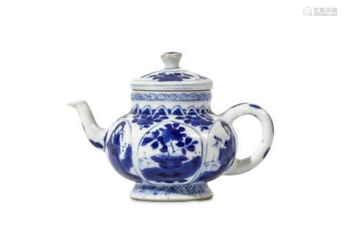 A SMALL CHINESE BLUE AND WHITE TEAPOT AND COVER. Kangxi. The globular body supported on a spreading foot rising to a cylindrical neck, the body moulded with upright petal panels, alternately enclosing ladies and flowers, 8cm H. (2) Provenance: