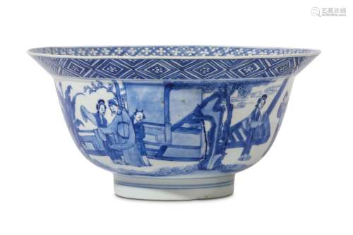 A CHINESE BLUE AND WHITE FIGURATURE KLAPMUTS BOWL Kangxi mark and period. With deeply rounded sides and an everted rim, finely painted around the exterior with scenes of ladies in a garden, six character Kangxi mark to base, 10cm H, 20cm diameter.