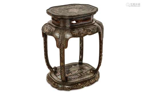 A LARGE CHINESE MOTHER-OF PEARL-INLAID STAND. Kangxi. Raised on bowed legs, the waisted top finely inlaid in mother-of-pearl partly in relief with a garden scene dotted with figures amidst pavilions and pine trees, the apron with cartouches similarly