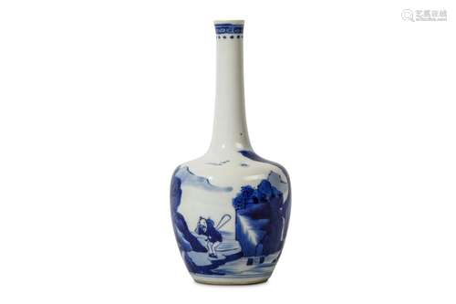 A CHINESE BLUE AND WHITE MALLET-SHAPED ‘LANDSCAPE’ VASE. Kangxi. Painted with a scene of a mountainous river landscape with rocks, with fishing boats on the lake, a figure standing on a rocky bank, 17cm H. Provenance: English private collection,