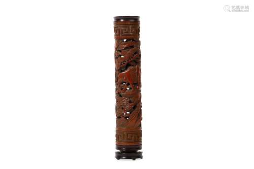 A CHINESE BAMBOO PARFUMIER. Early Qing. The cylinder is carved in openwork with a lingzhi fungus filled rocky with pine trees growing overhead, with one figure riding a lion and another bearded figure standing beside an elephant, all enclosed to the