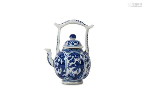 A CHINESE BLUE AND WHITE TEAPOT AND COVER. Kangxi. Of globular form, with high domed covers below gate handles, the body moulded with floral panels, 13cm H. (2) 清康熙   青花瓜棱開光繪花卉紋提梁壺