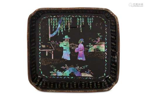 TWO CHINESE MOTHER-OF-PEARL INLAID BLACK LACQUER TRAYS. Kangxi. Of square form with cut corners one with a garden scene of two figures in a garden, the other with a landscape scene of figures beside water, one with inlaid Qianli seal mark to base,
