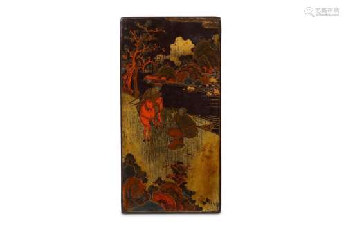 A CHINESE PAINTED BLACK LACQUER PANEL. Kangxi. One side painted in reds and gilt to depict and figure on horseback beside two kneeling attendants within a mountainous watery landscape, the reverse carved with a poetic inscription, 13 x 25cm.