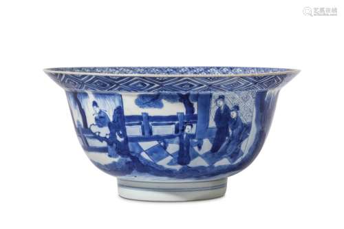 A CHINESE BLUE AND WHITE KLAPMUTS BOWL. Kangxi mark and period. With deeply rounded sides and an everted rim, finely painted around the exterior with scenes of ladies in a garden, six character Kangxi mark to base, 10cm H, 20cm diameter.