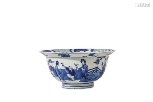 A SMALL CHINESE BLUE AND WHITE 'LADIES AND BOYS' KLAPMUTS BOWL. Kangxi mark and of the period. Decorated with around the exterior with a continuous scene of ladies and dancing boys in a garden, below a band of auspicious symbols to the rim, the