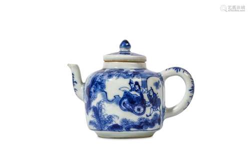 A SMALL CHINESE BLUE AND WHITE ‘LOVE CHASE’ TEAPOT AND COVER. Kangxi. The globular body with a short angled upright spout, opposite a loop handle, painted around the body with the love chase scene design, the flat cover with a bud finial, 8cm H.