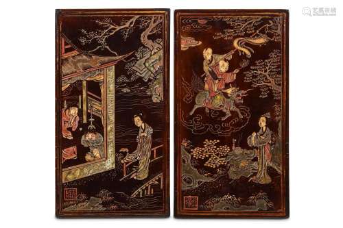 A PAIR OF CHINESE COROMANDEL LACQUER PANELS. Kangxi. Each carved and infilled with colour to depict narrative scenes with a lady standing in a garden, beside one with boys borne on a cloud, the other with a scholar and attendant sleeping at a table