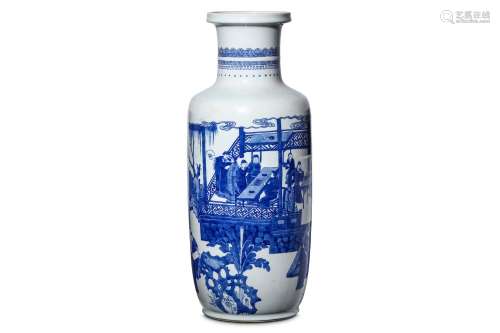 A CHINESE BLUE AND WHITE ‘EIGHTEEN SCHOLARS’ VASE. Kangxi. Of rouleau-form, painted with a continuous scene of a gathering of the Eighteen Scholars of the Tang dynasty shown at various pursuits including playing the qin while being served by