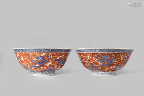 TWO CHINESE BLUE AND RED 'MYTHICAL CREATURES' BOWLS