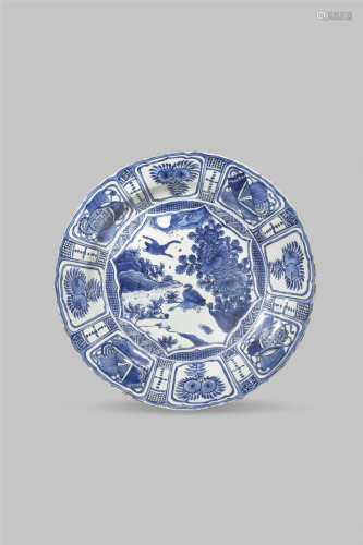 A LARGE CHINESE BLUE AND WHITE KRAAK 'GEESE AND PEONY' DISH