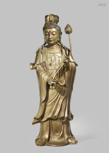 A MASSIVE CHINESE GILT-COPPER ALLOY FIGURE OF GUANYIN