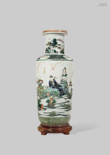 A CHINESE FAMILLE VERTE 'EIGHT IMMORTALS' ROULEAU VASE