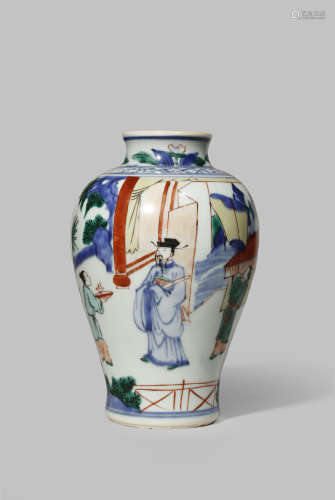 A CHINESE WUCAI INSCRIBED BALUSTER VASE
