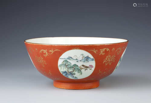 A CHINESE CORAL-GROUND BOWL