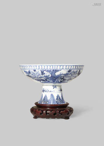 A CHINESE BLUE AND WHITE INSCRIBED STEM BOWL