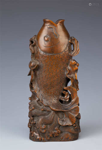 A CHINESE BOX WOOD CARVING OF A CARP