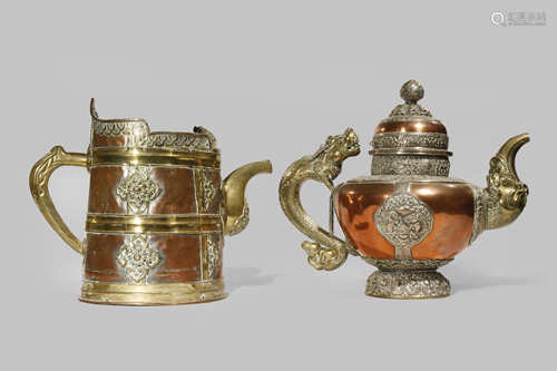 A TIBETAN BRASS AND COPPER DUOMU AND A MILK TEA TEAPOT