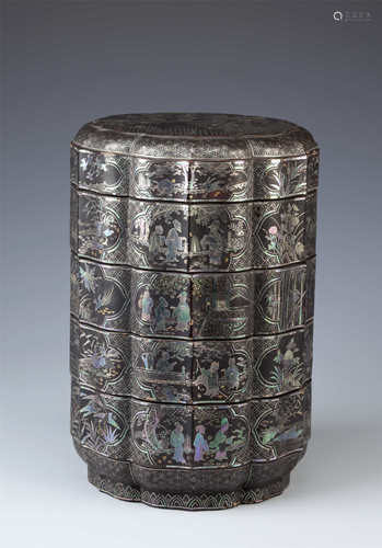 A CHINESE LAQUE BURGAUTE FOUR TIER HEXAGONAL BOX