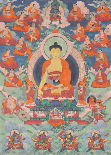 A MONGOLIAN THANGKA OF BUDDHA SHAYKAMUNI AND THE EIGHTEEN ARHATS