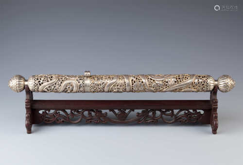 A CHINESE SILVER SCROLL CASE