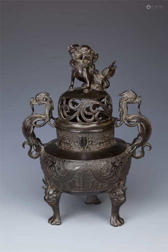 A CHINESE BRONZE ARCHAISTIC INCENSE BURNER AND COVER