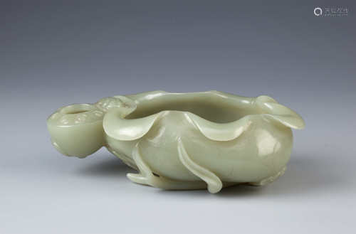 A CHINESE CELADON JADE 'LOTUS' BRUSH WASHER