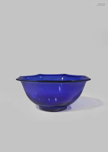 A CHINESE BLUE GLASS OCTAGONAL BOWL