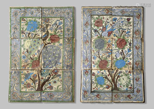 TWO PANELS OF QAJAR POTTERY TILES