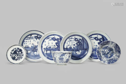 SEVEN CHINESE BLUE AND WHITE BOWLS AND DISHES