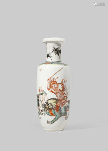 A CHINESE FAMILLE VERTE 'ZHONG KUI' ROULEAU VASE