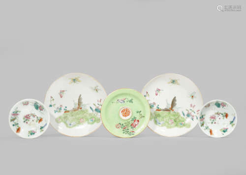FIVE CHINESE FAMILLE ROSE SAUCERS