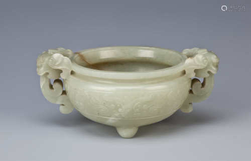 A CHINESE CELADON JADE ARCHAISTIC INCENSE BURNER