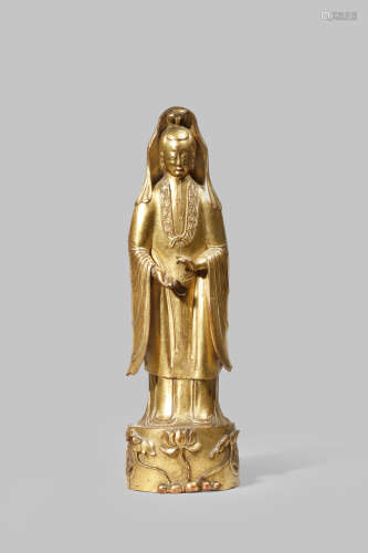 A CHINESE GILT AND LACQUERED WOOD FIGURE OF GUANYIN