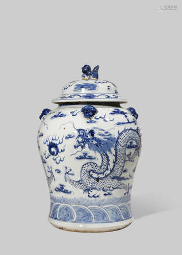 A CHINESE BLUE AND WHITE 'DRAGON' JAR AND COVER