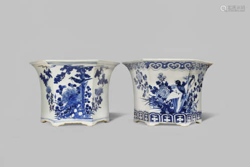 TWO CHINESE BLUE AND WHITE HEXAGONAL JARDINIERES